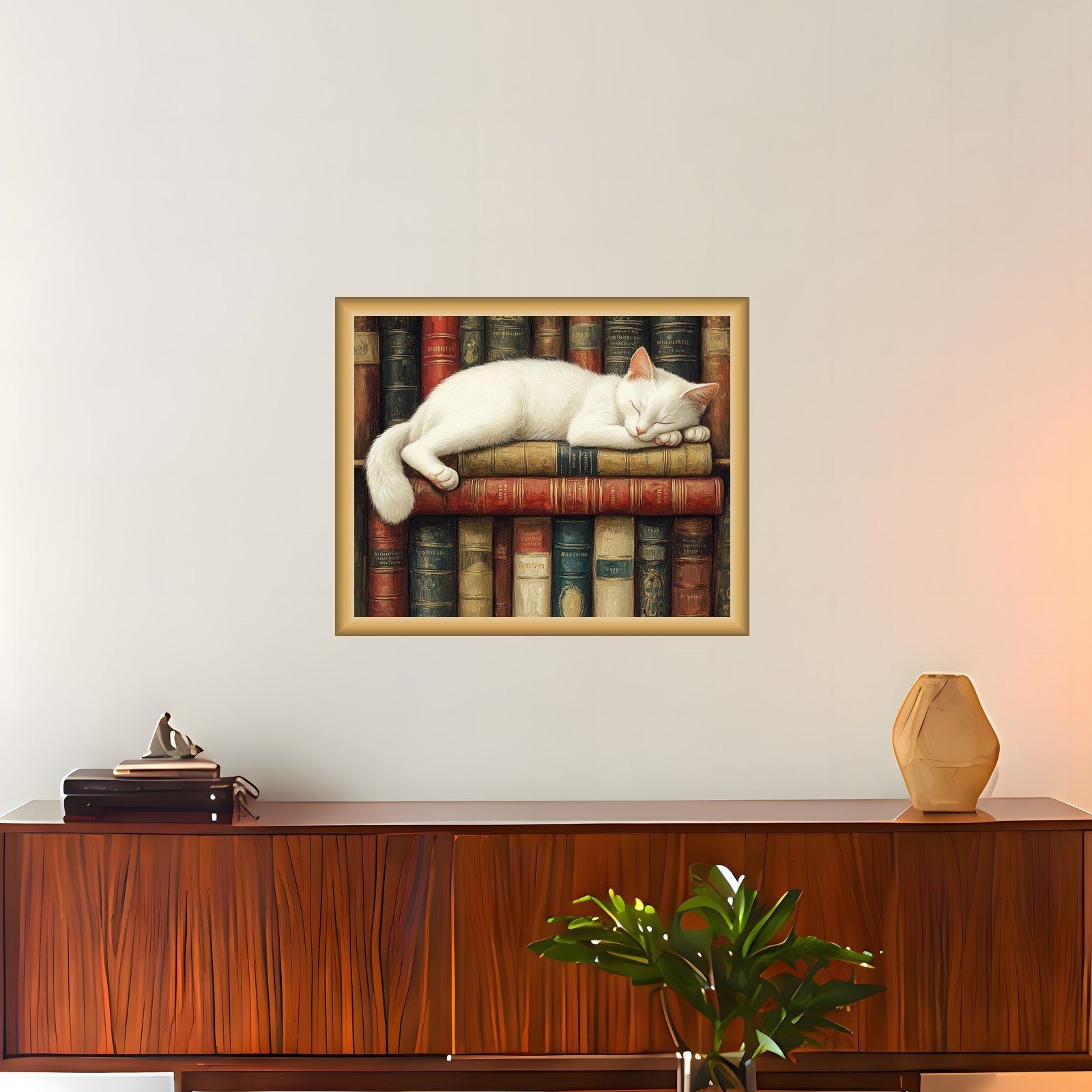 White cat artwork in a Mid-Century Modern living room mockup